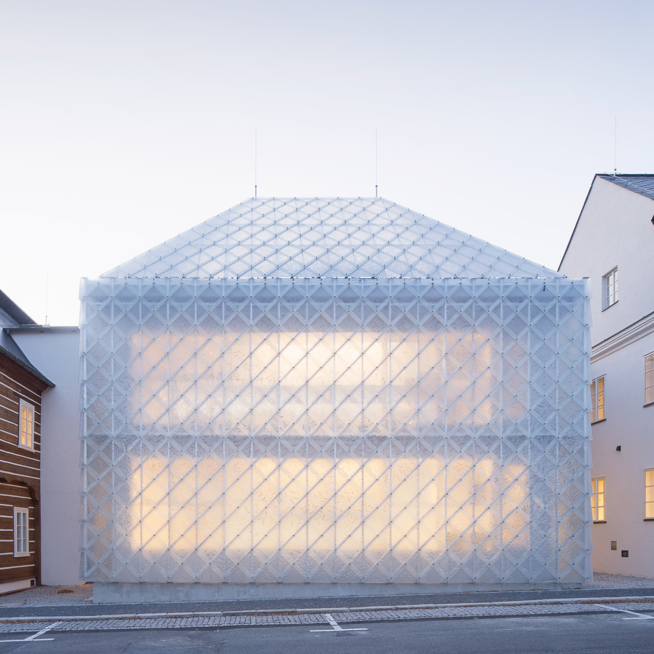 Frosted glass exterior of Lasvit headquarters by Ov-a Architekti