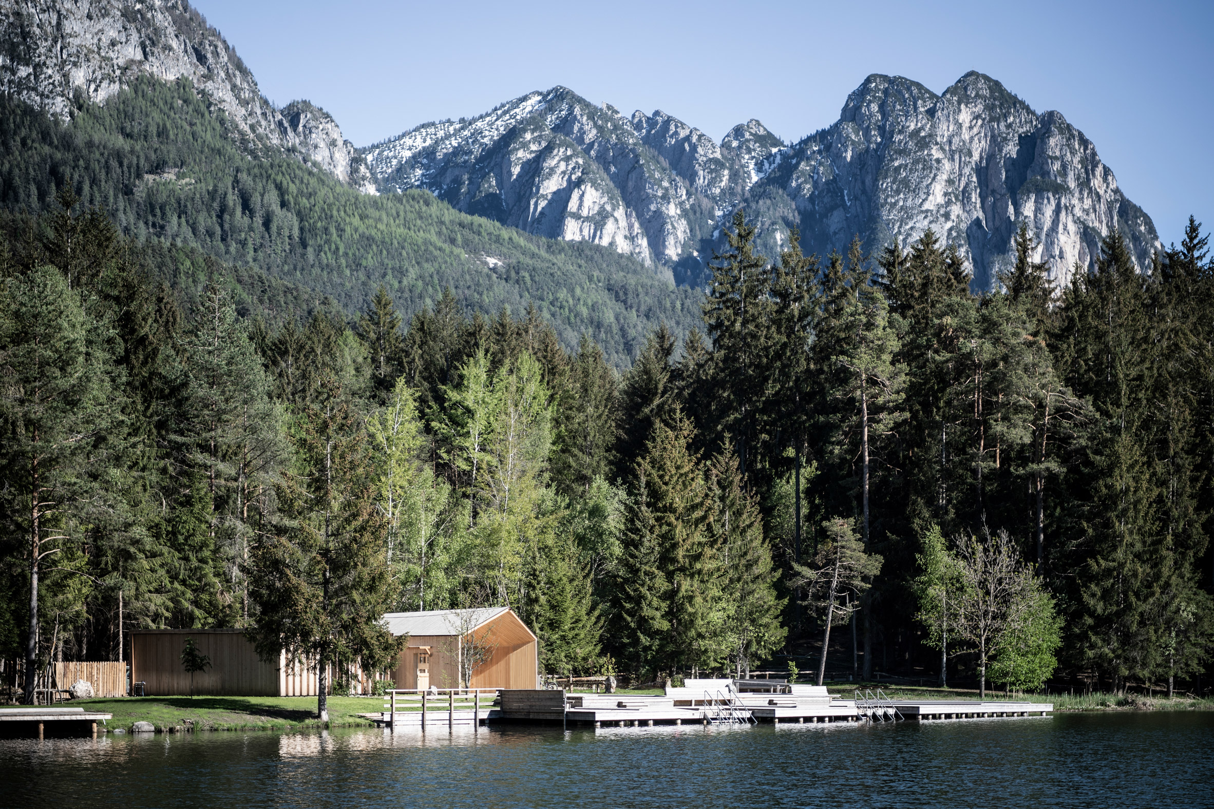 Cafe and changing room alongside Völser Weiher Lake in South Tyrol by Network of Architecture