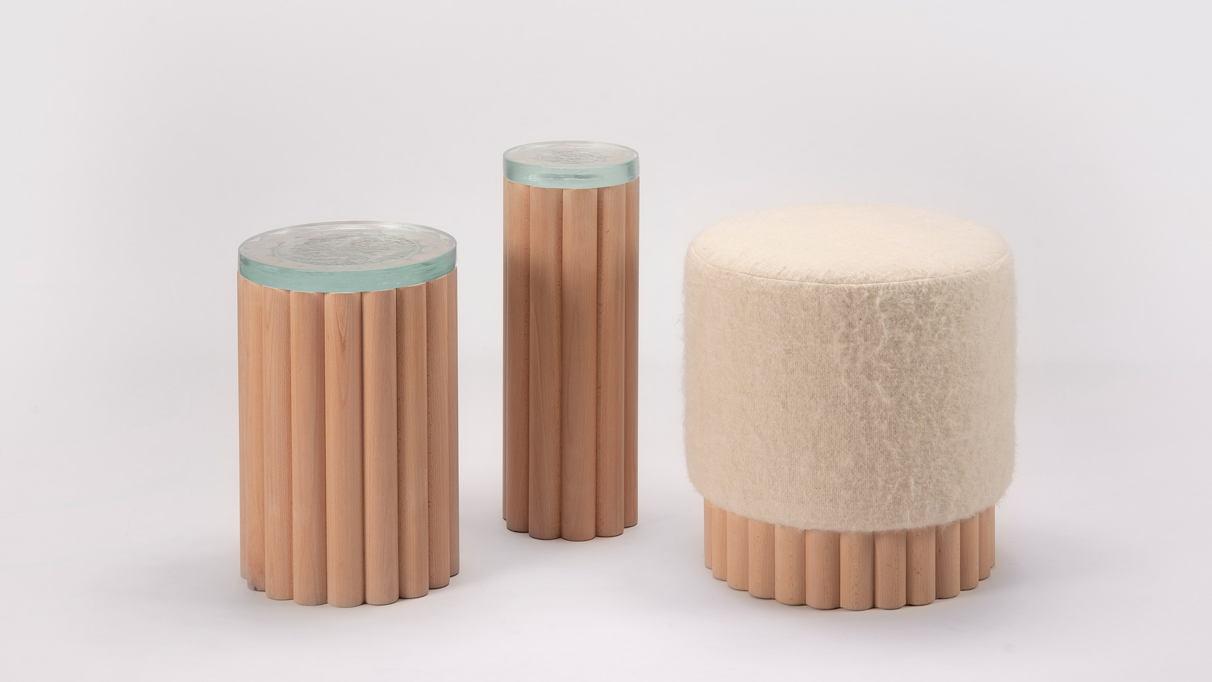 Cylindrical furniture made from beech wood dowels
