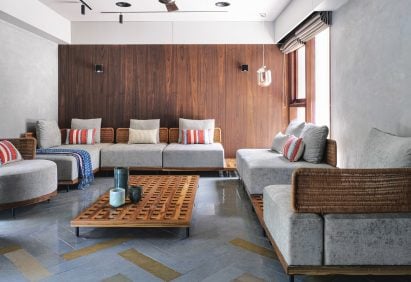 VS House in Ahmedabad features timber and Indian stone tiles