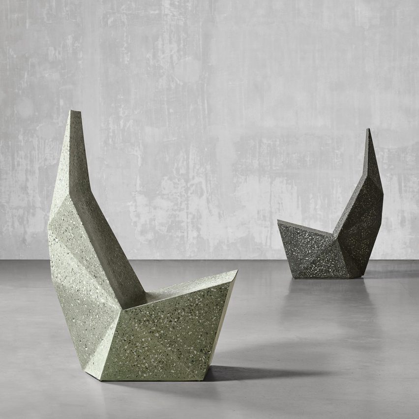Six sculptural concrete seats including liquid-like chairs and squashed benches