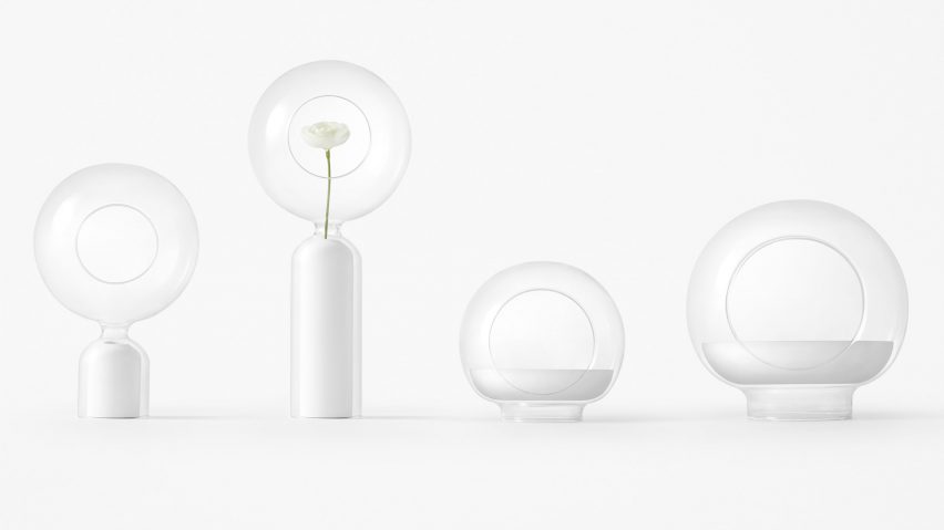 Nendo designs space helmet-shaped vessels and cascading tables for Zens