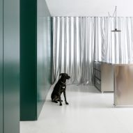 Ljubljana apartment by Arhitektura d.o.o features mobile steel furnishings and silver curtains