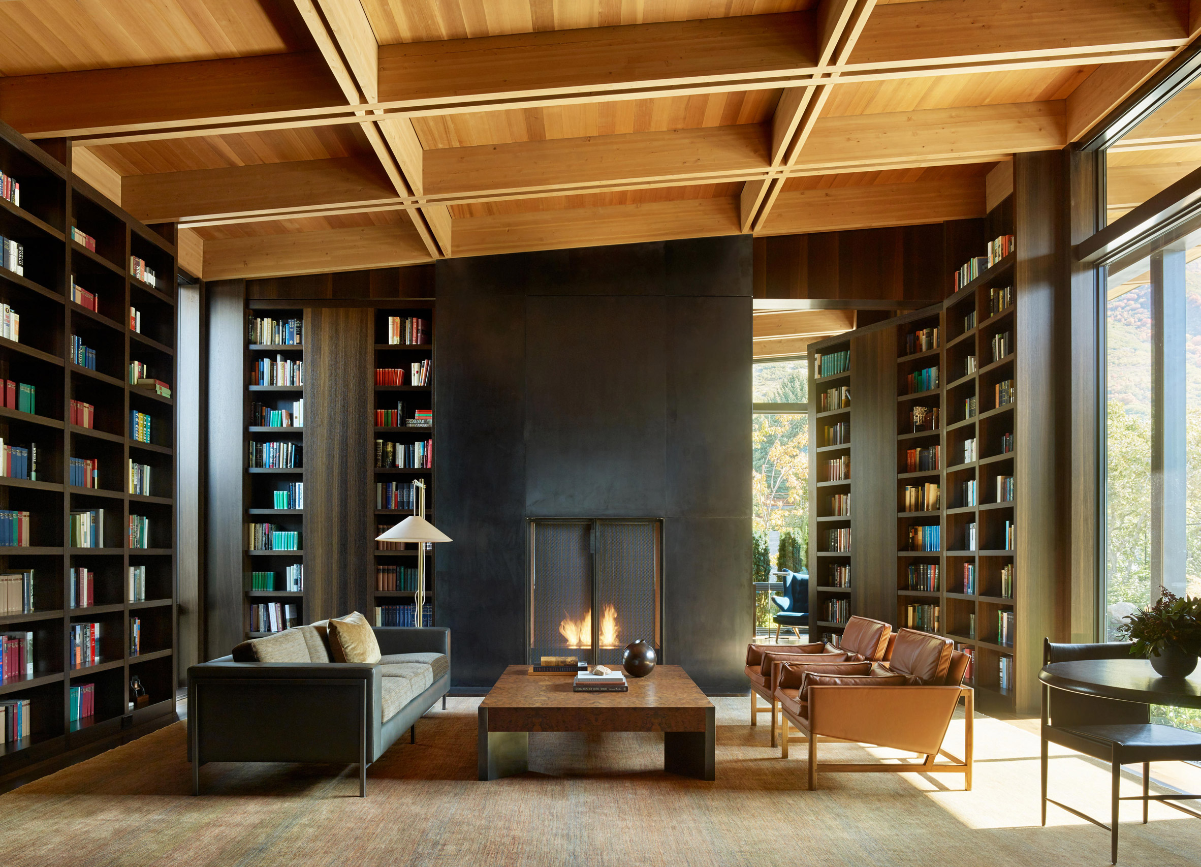 Library room with statement fireplace