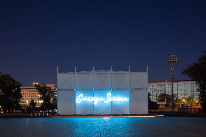 Pop-up cinema informed by a Bedouin tent outside OMA's Garage Museum of Contemporary Art in Moscow by SNKH