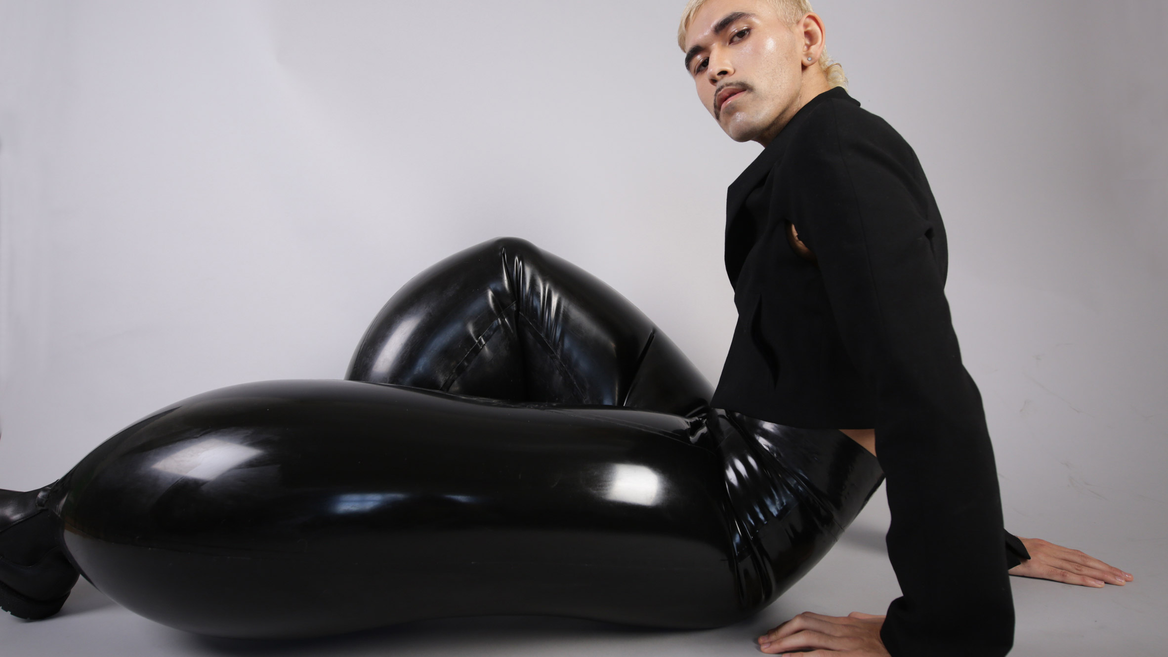 Harikrishnan's blow-up latex pants on sale with do not overinflate warning