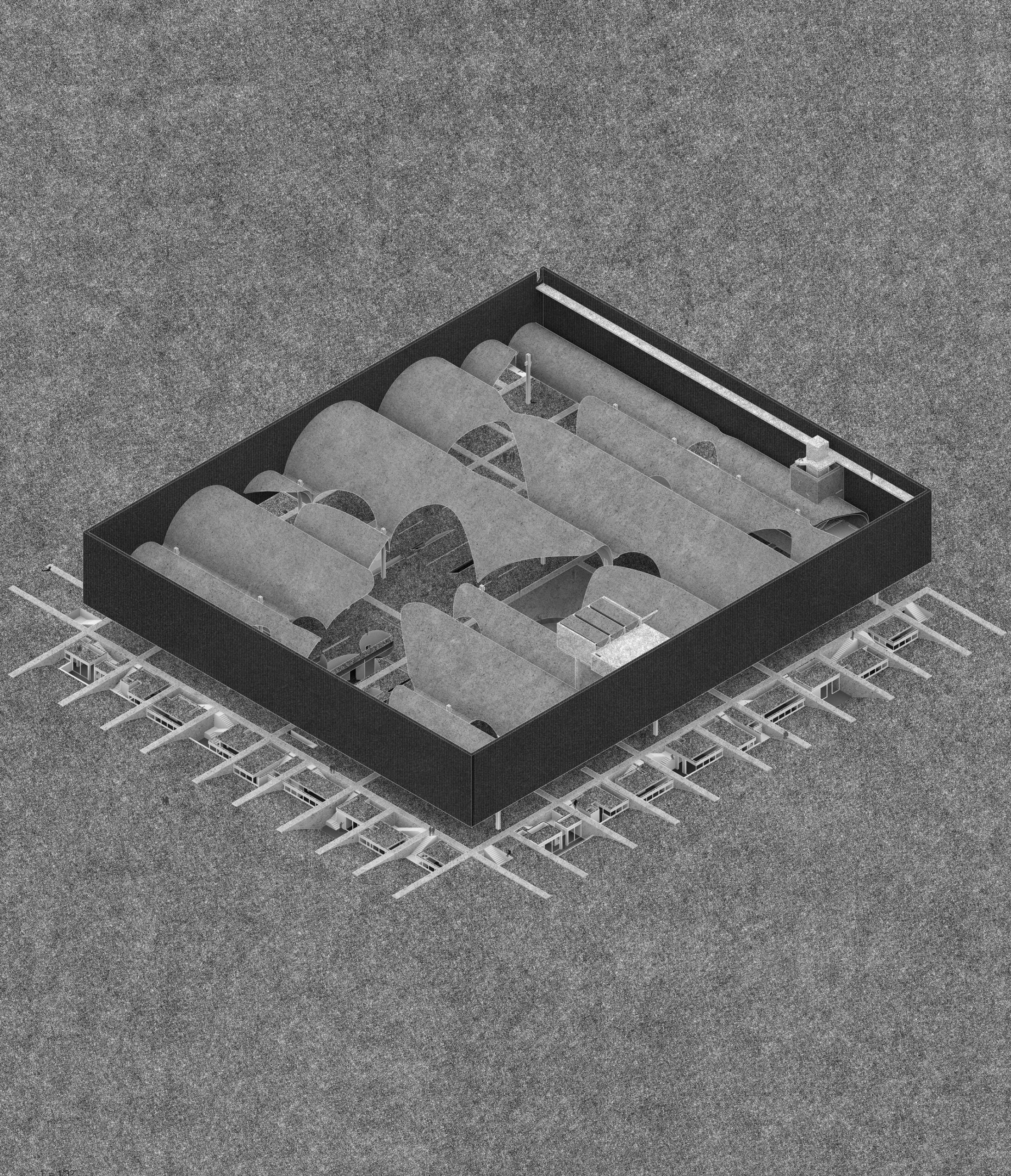 Greyscale drawing of motel structure