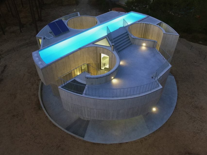 Drone view of pool for Trefoil House in Portugal by Double O Studio