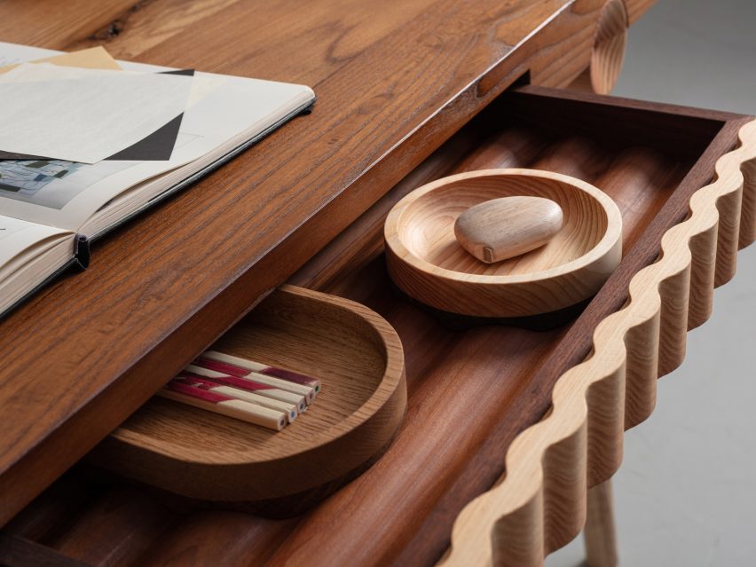 The desk and catchalls from Jan Hendzel Studio's collection made using British hardwood