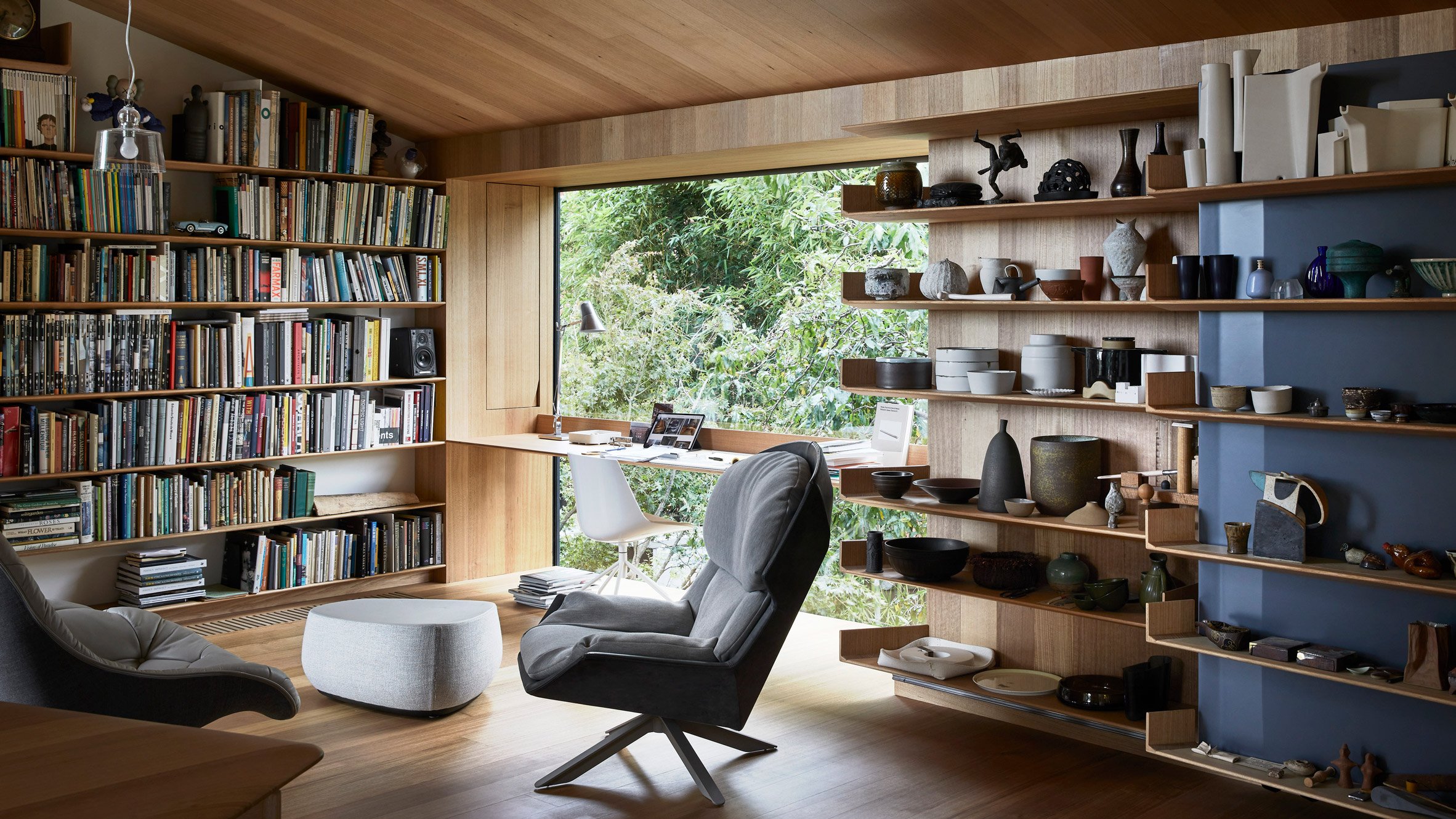 Study lined with wood in Kew Residence by John Wardle Architects in Melbourne, Australia