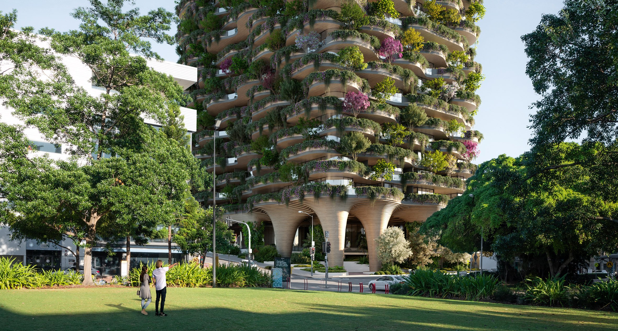 Base of Urban Forest high rise apartment building in Brisbane by Koichi Takada Architects