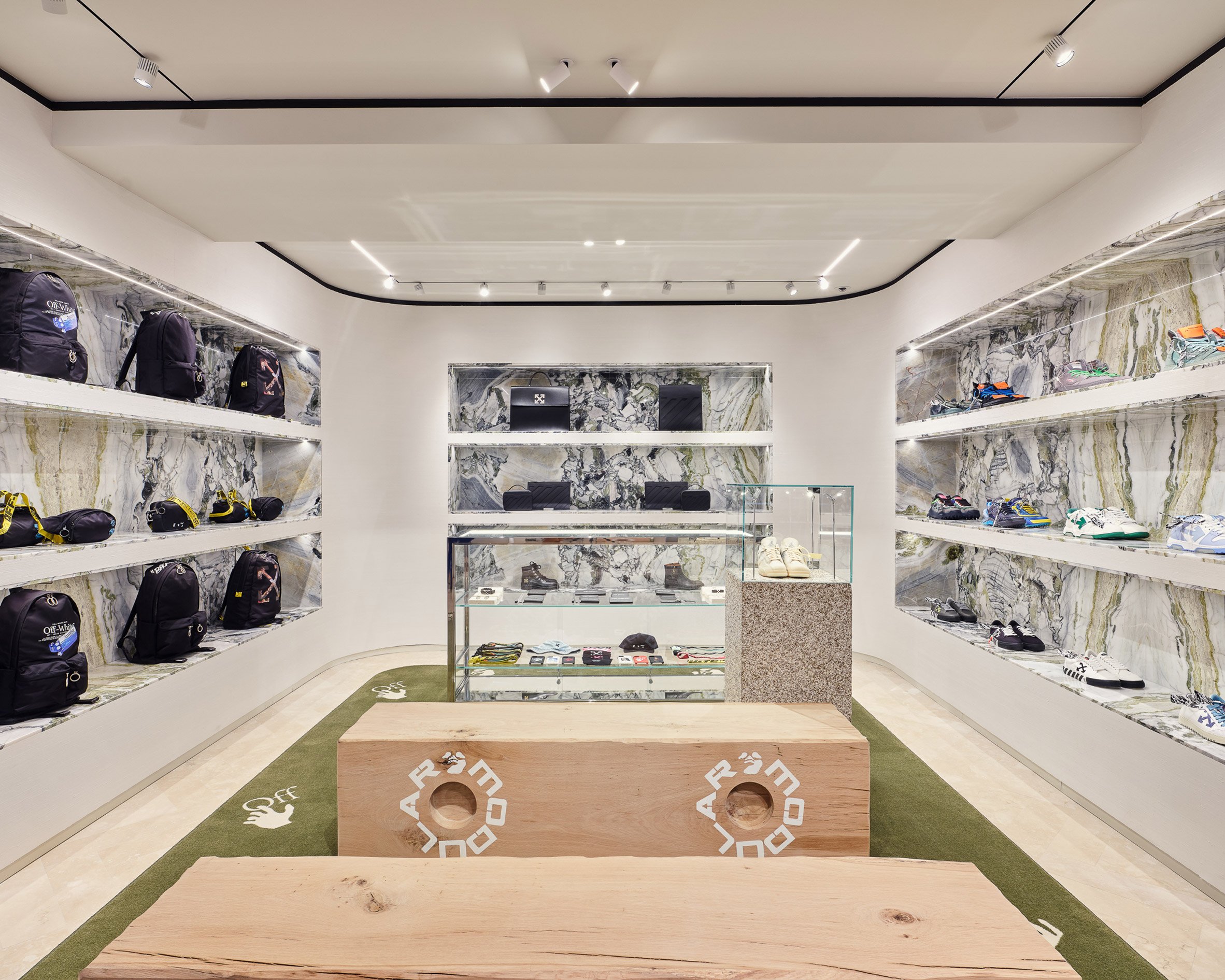 Patagonia granite and wooden logs decorate Off-White Milan store