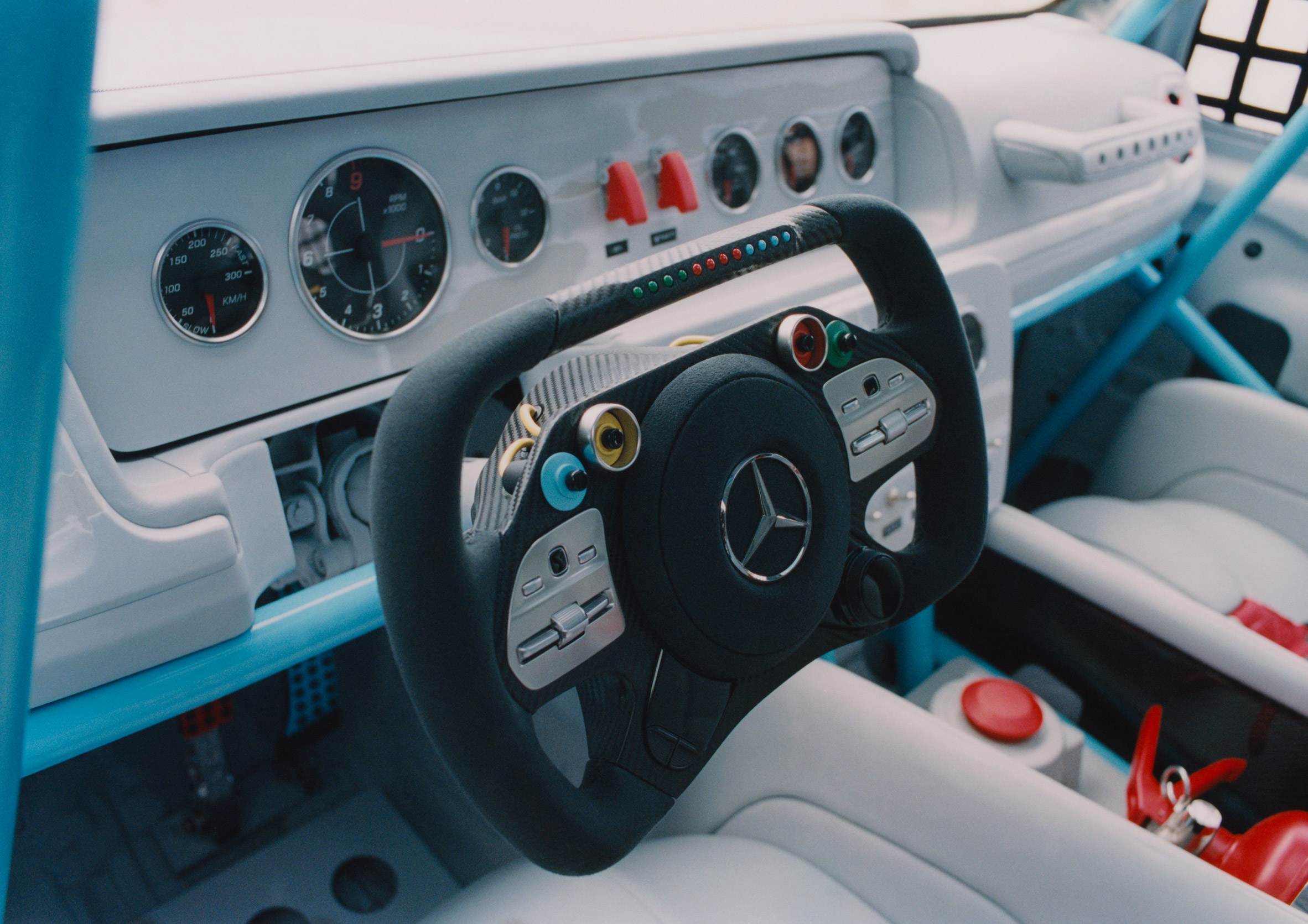 Dashboard and wheel of Project Geländewagen car by Virgil Abloh and Mercedes Benz