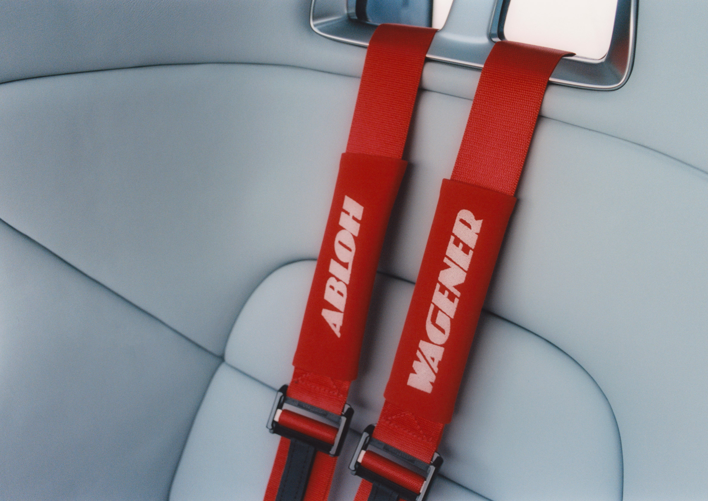 Red seat belts in Project Geländewagen car by Virgil Abloh and Mercedes Benz