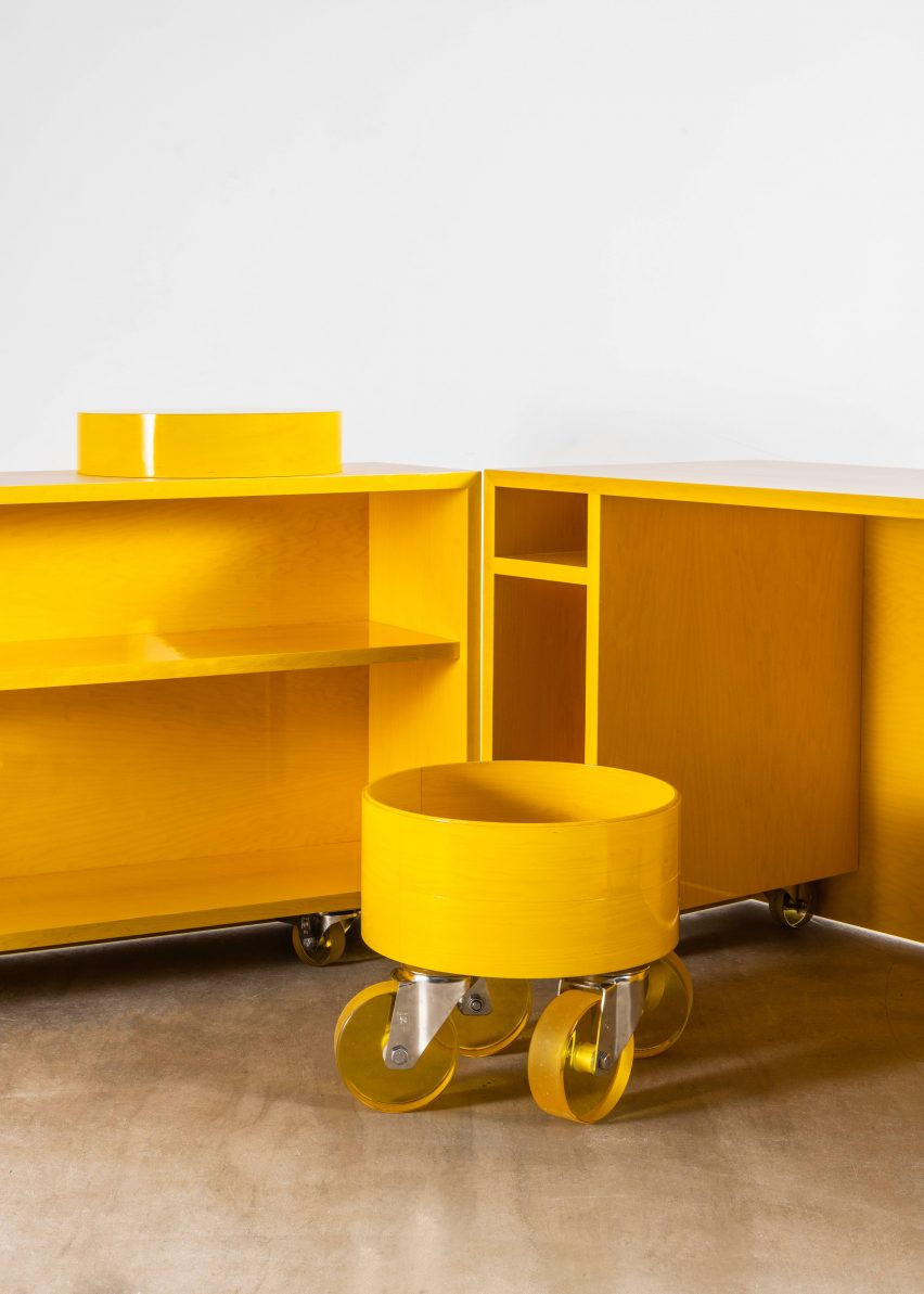 The interior of Sabine Marcelis's Candy Cubicle desk is bright yellow