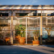 Tinted polycarbonate blurs cactus inside Santa Monica Greenhouse by Part Office
