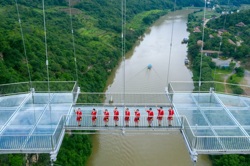 World's longest glass-bottomed bridge in Huangchuan Three Gorges Scenic Area in southern China