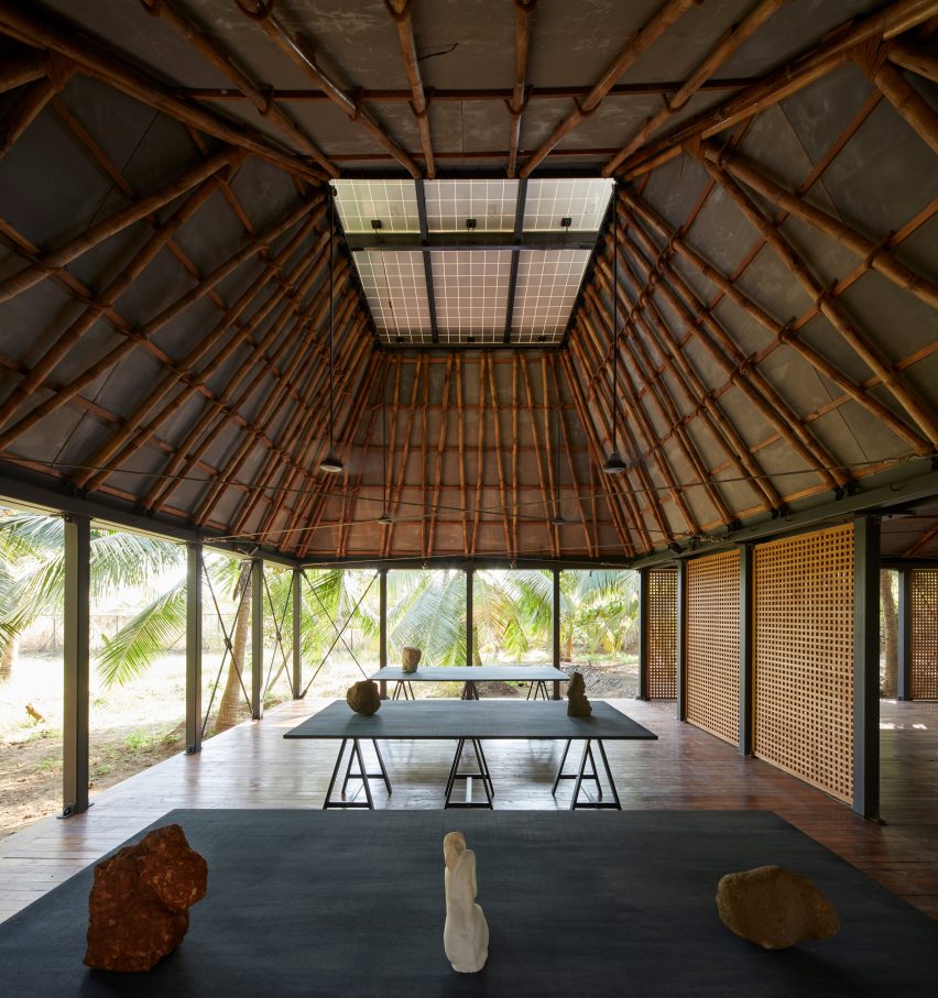 A pavilion with a bamboo structure