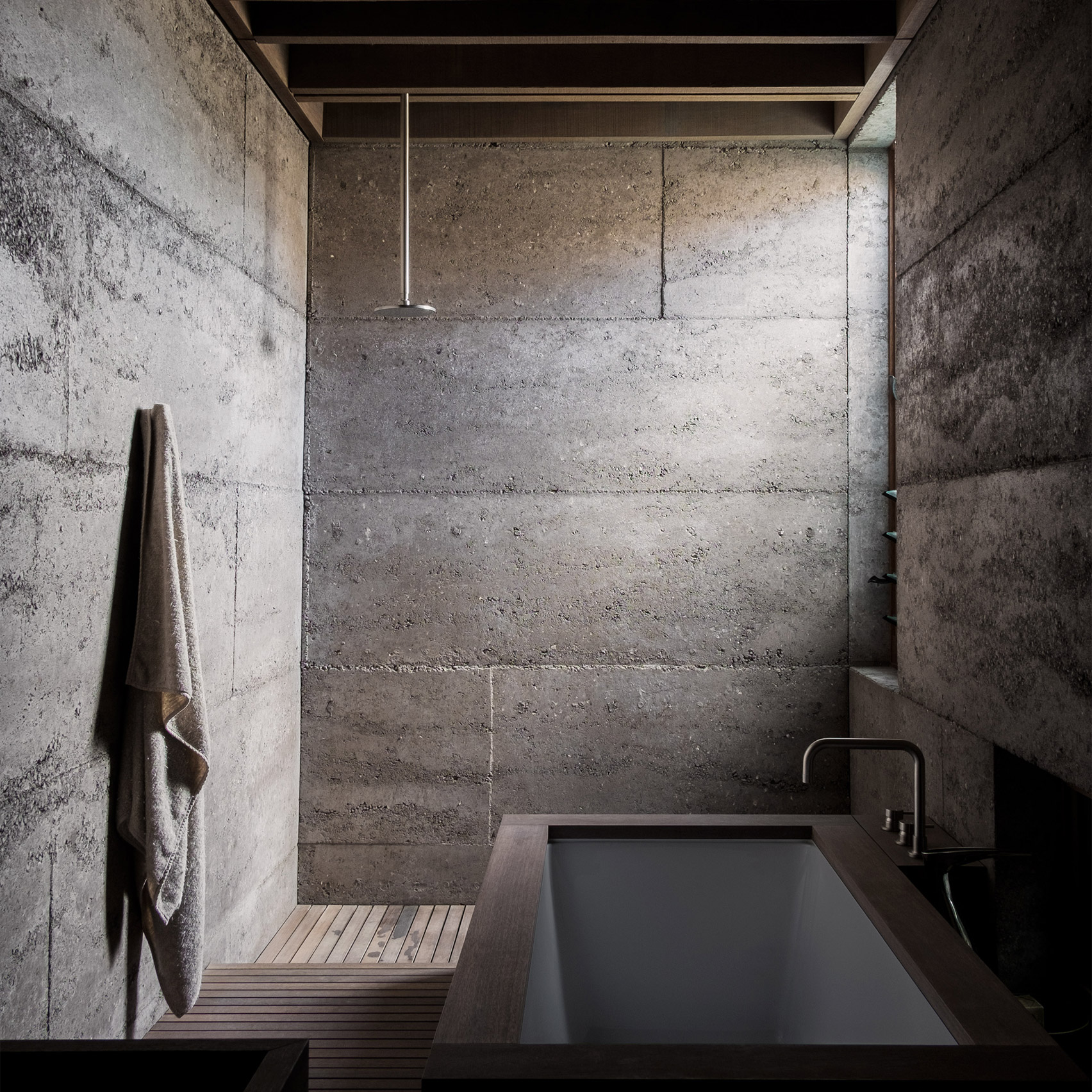Dark bathroom inside Cloister House, Australia, by MORQ
