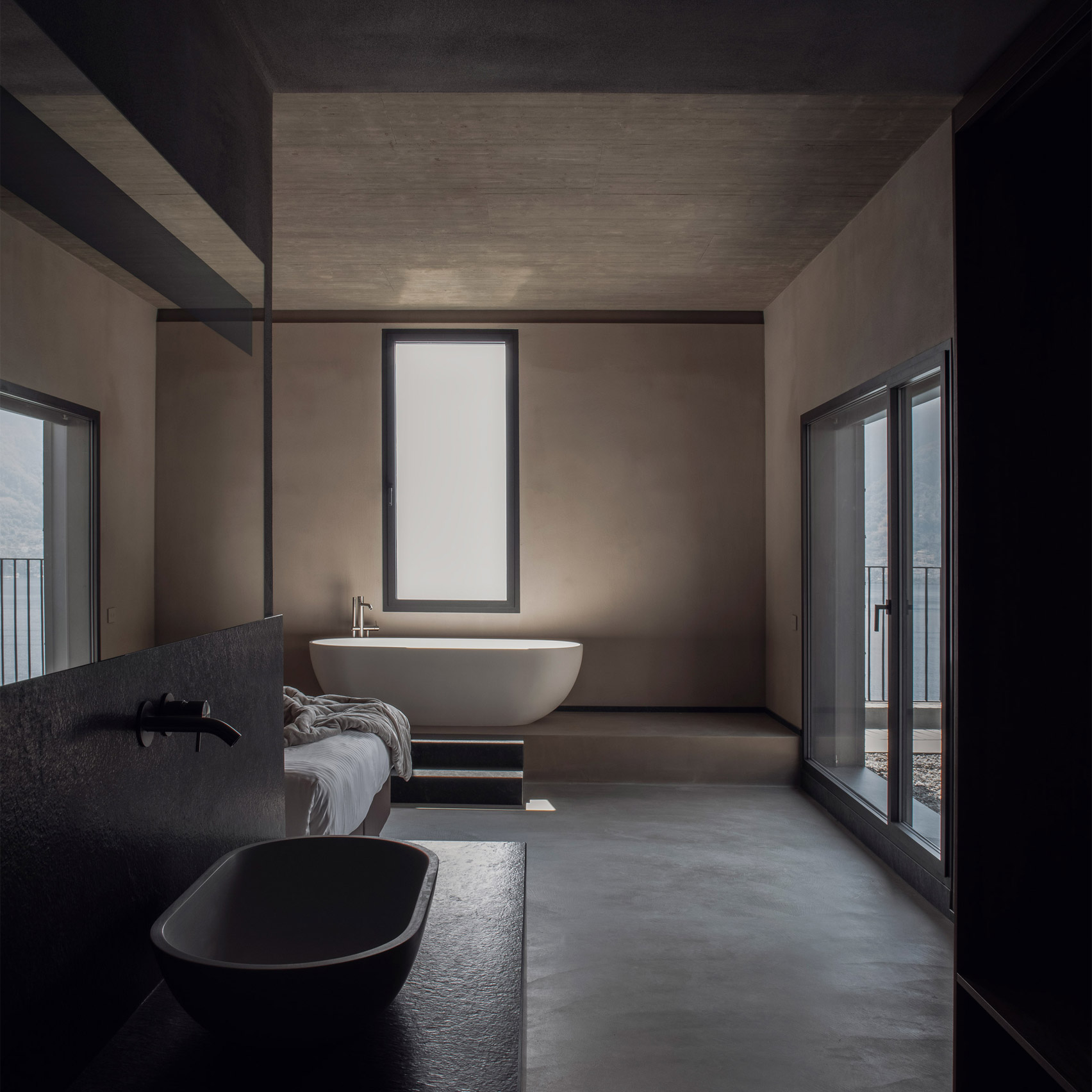 Dark bathroom inside Villa Molli, Italy, by Lorenzo Guzzini