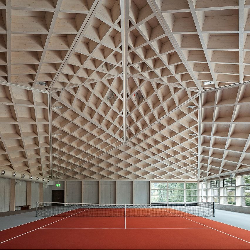 Diamond Domes tennis courts designed by Rüssli Architekten with CLT roofs by Neue Holzbau in the Swiss Alps
