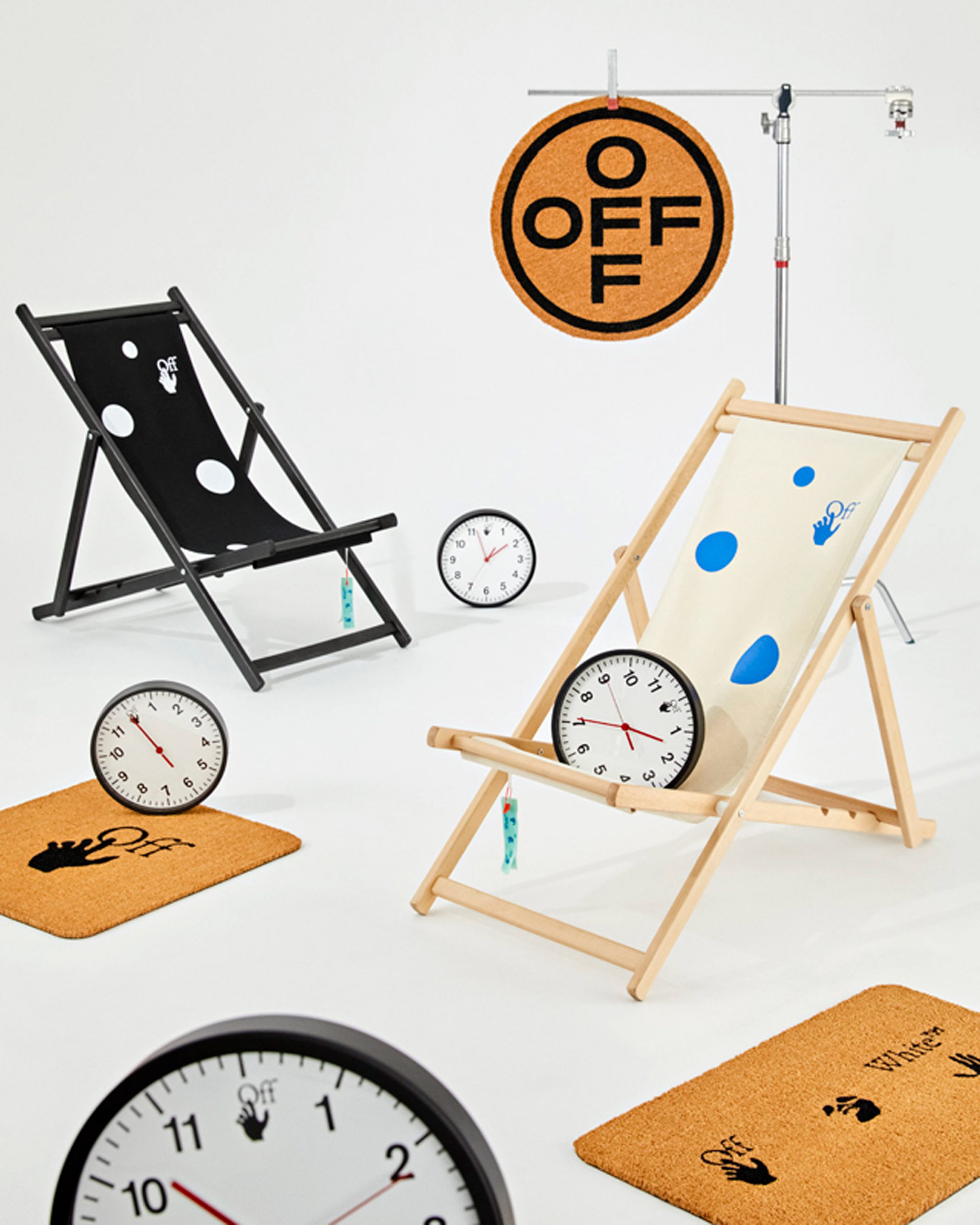 Doormats and clocks in HOME collection by Off-White