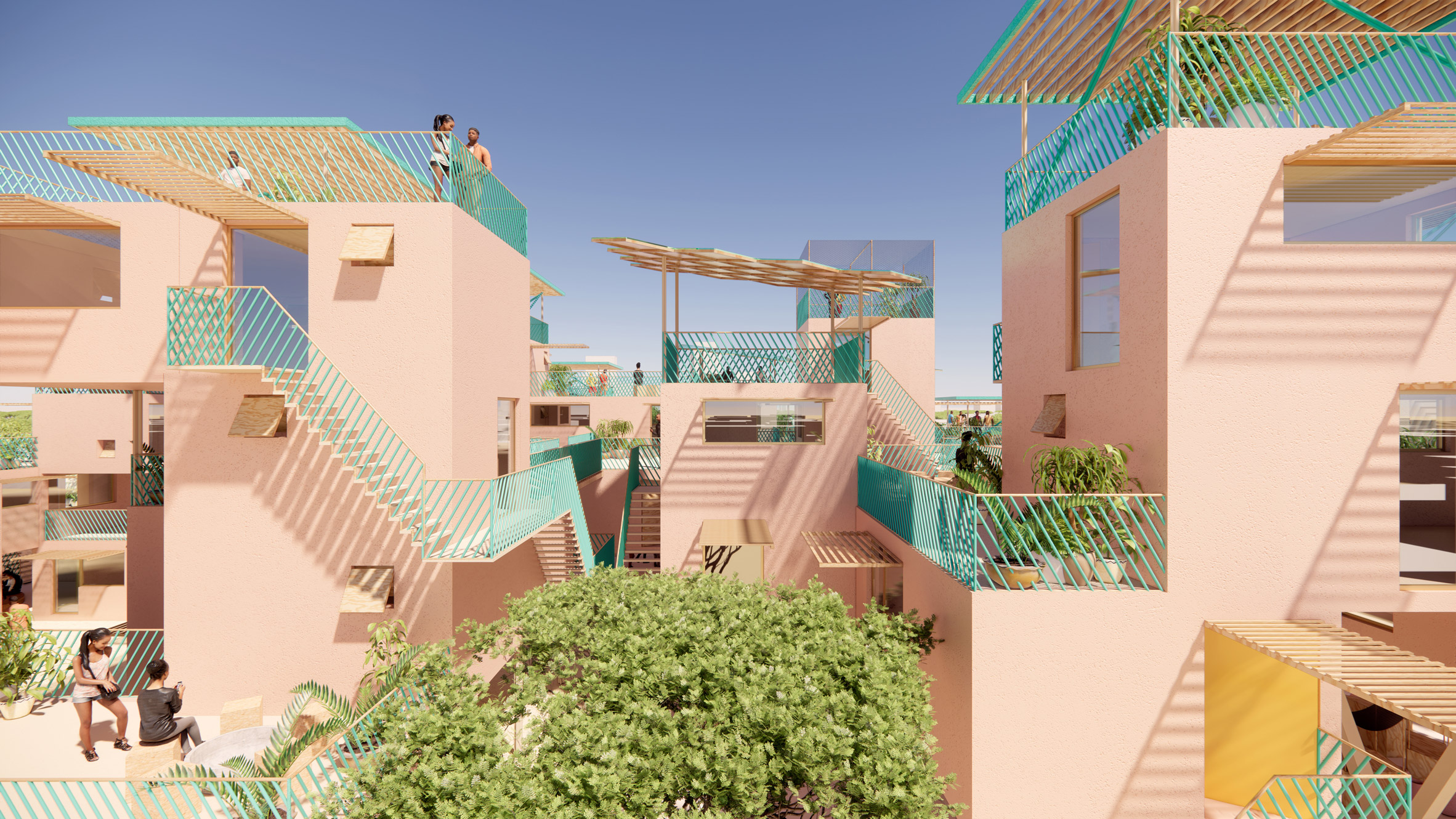Balconies at recycled plastic houses by Julien de Smedt and Othalo