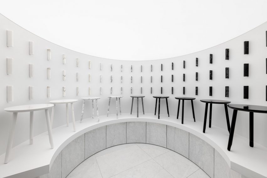 Marsotto marble showroom in Milan features white interiors