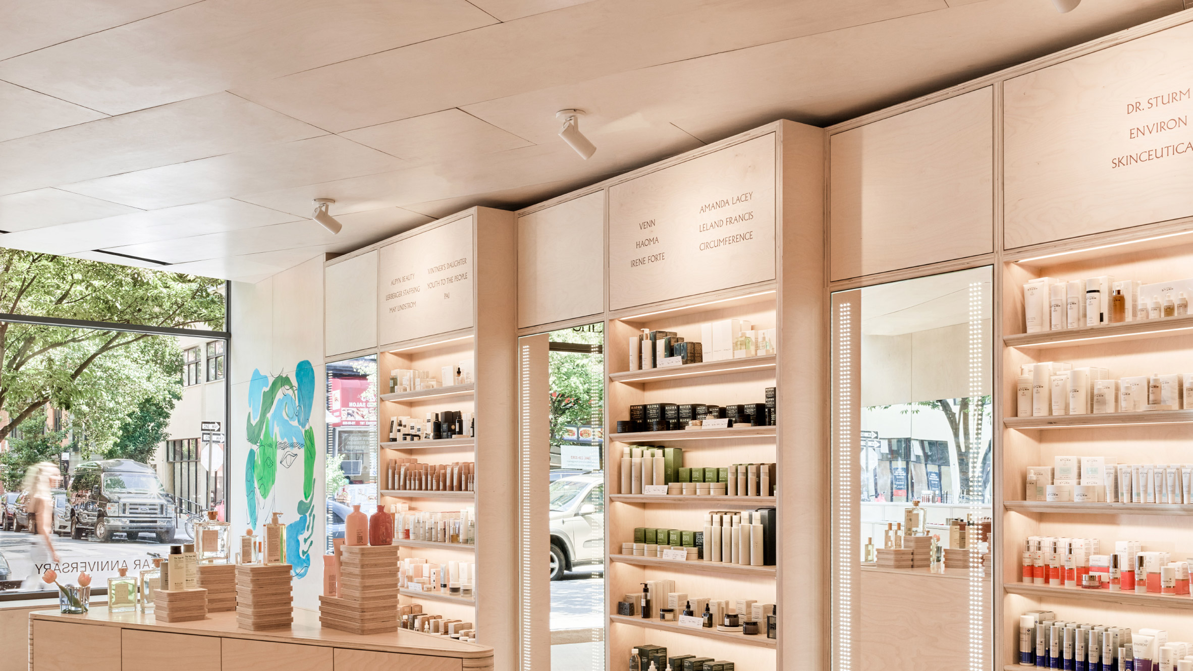 Mythology crafts warm plywood interiors for Shen beauty store in Brooklyn