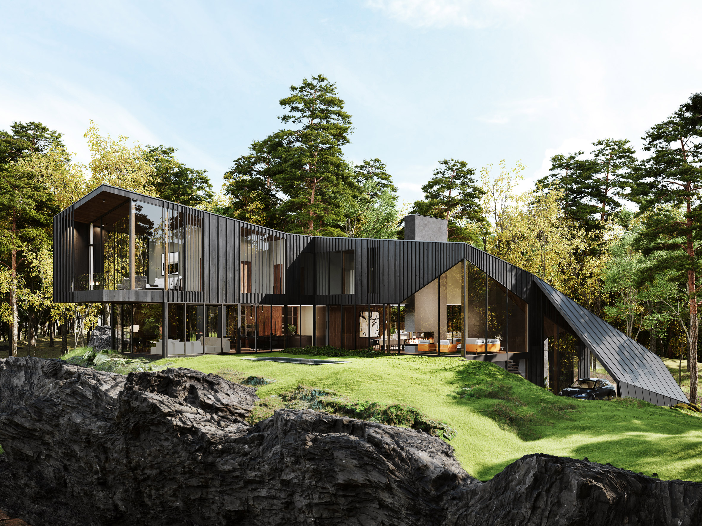 Black-cedar exterior of Sylvan Rock house by S3 Architecture and Aston Martin
