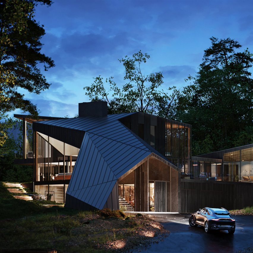 Sylvan Rock is a black cedar house in Hudson Valley, New York, with a faceted metal roof mimicking the surrounding rocky landscape, which was designed by US studio S3 Architecture and British luxury carmaker Aston Martin. Image by S3 Architecture, courtesy of Corcoran Country Living