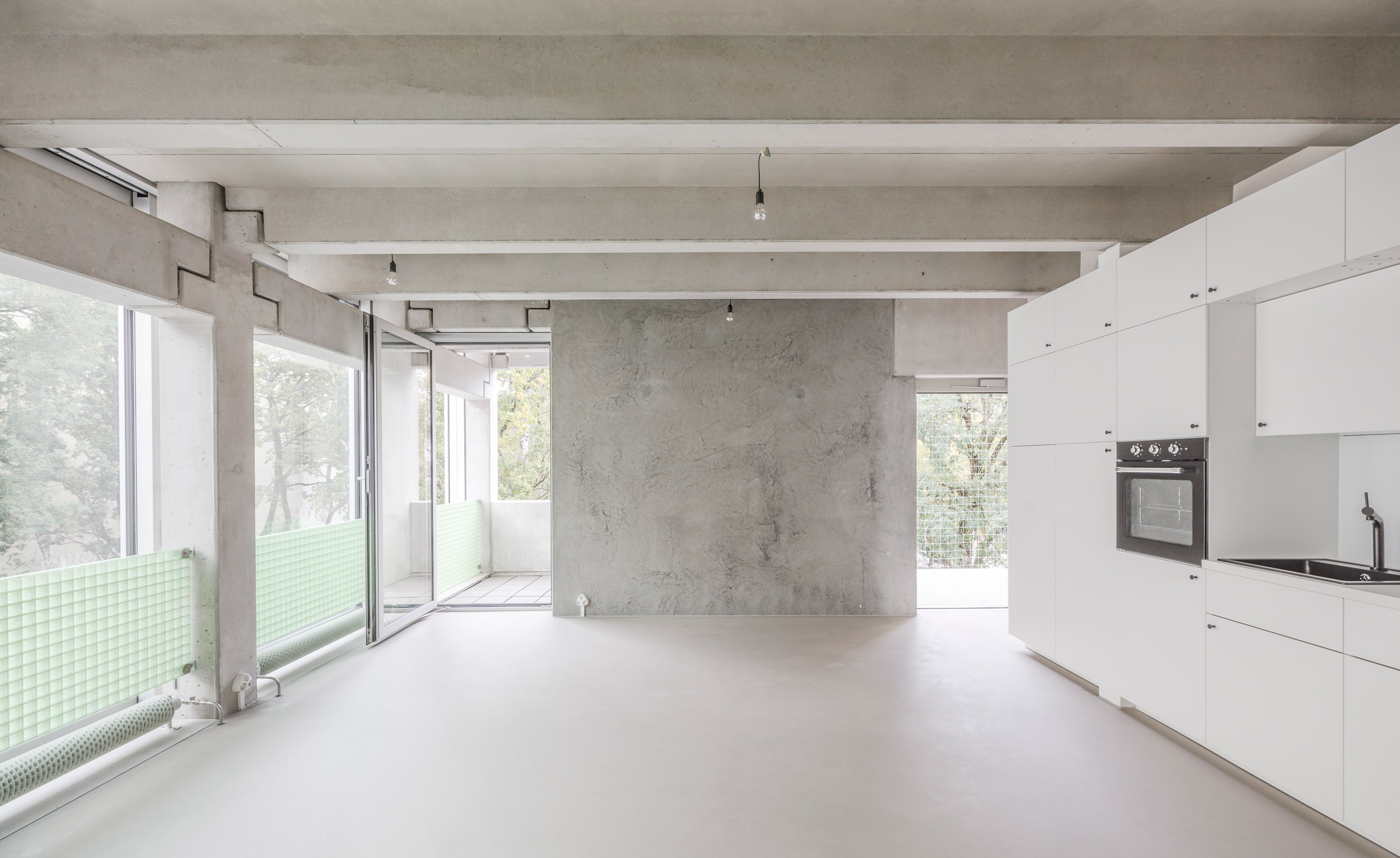 Interior walls of Wohnregal prefabricated concrete housing block by FAR in Berlin, Germany
