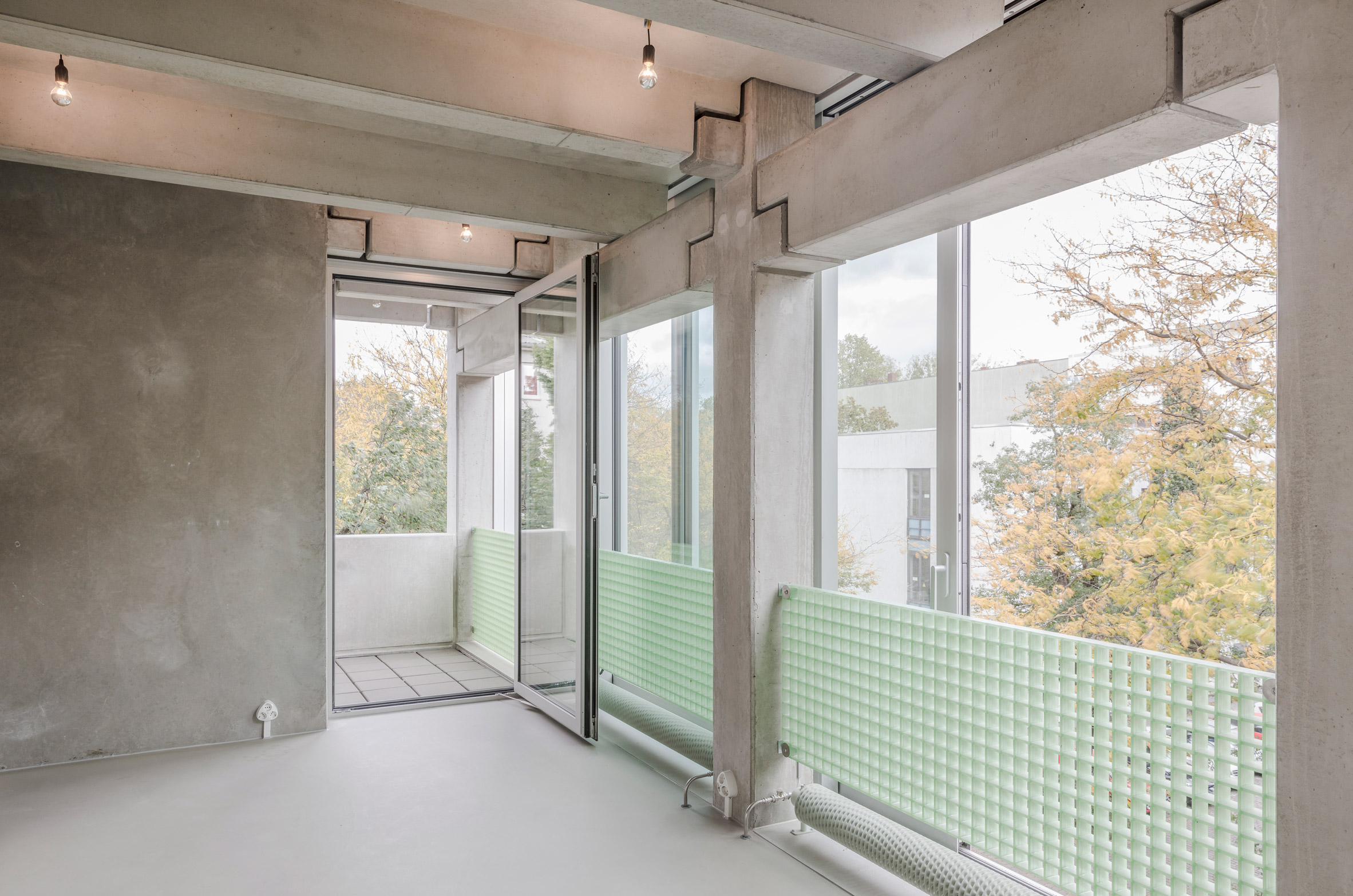 Interior of Wohnregal prefabricated concrete housing block by FAR in Berlin, Germany