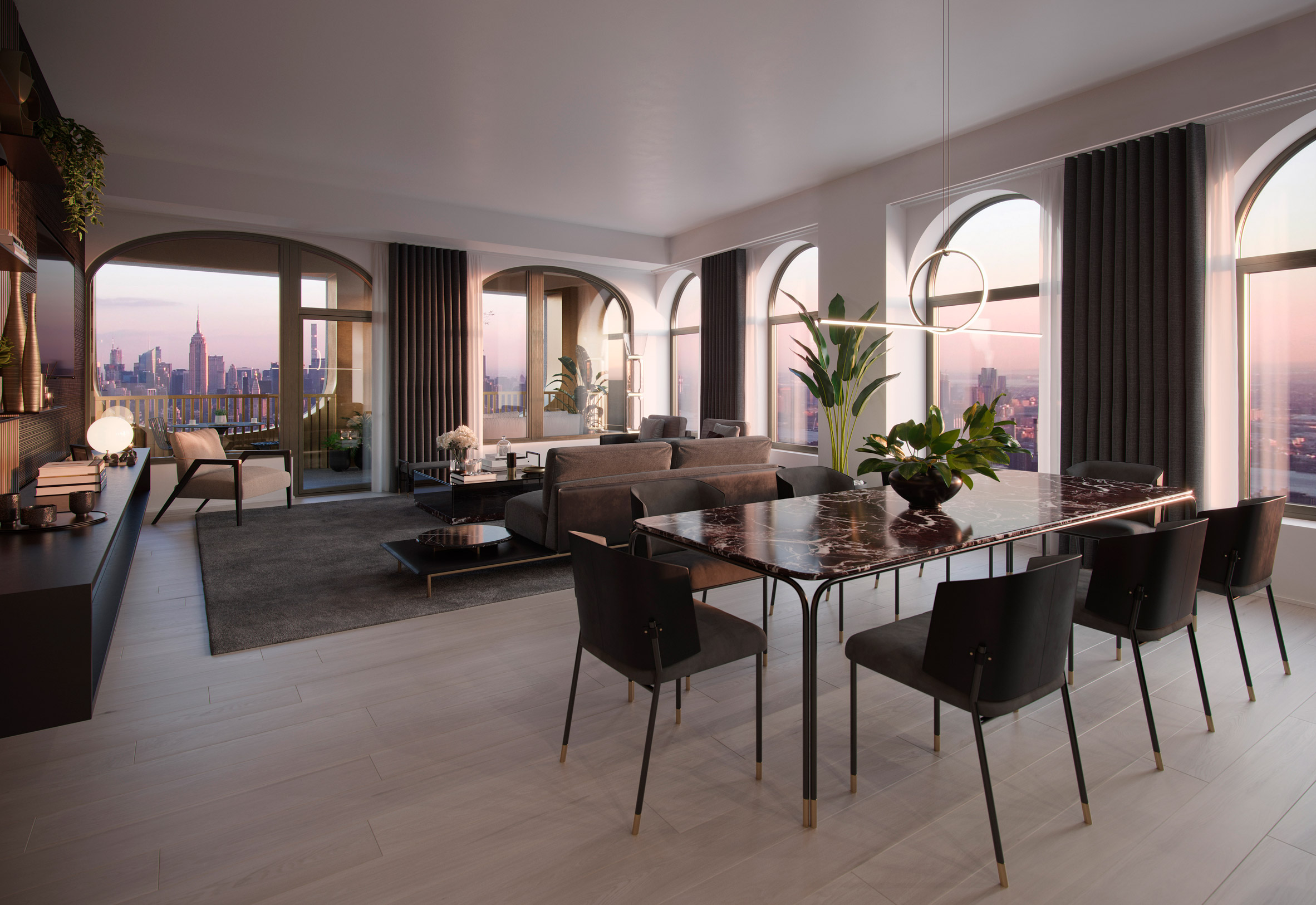 Living room and kitchen in Aston Martin Residences by David Adjaye and Aston Martin