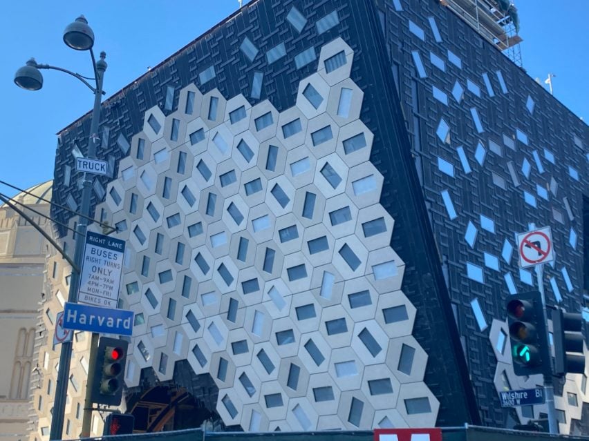 Exterior photos of Audrey Irmas Pavilion by OMA under construction