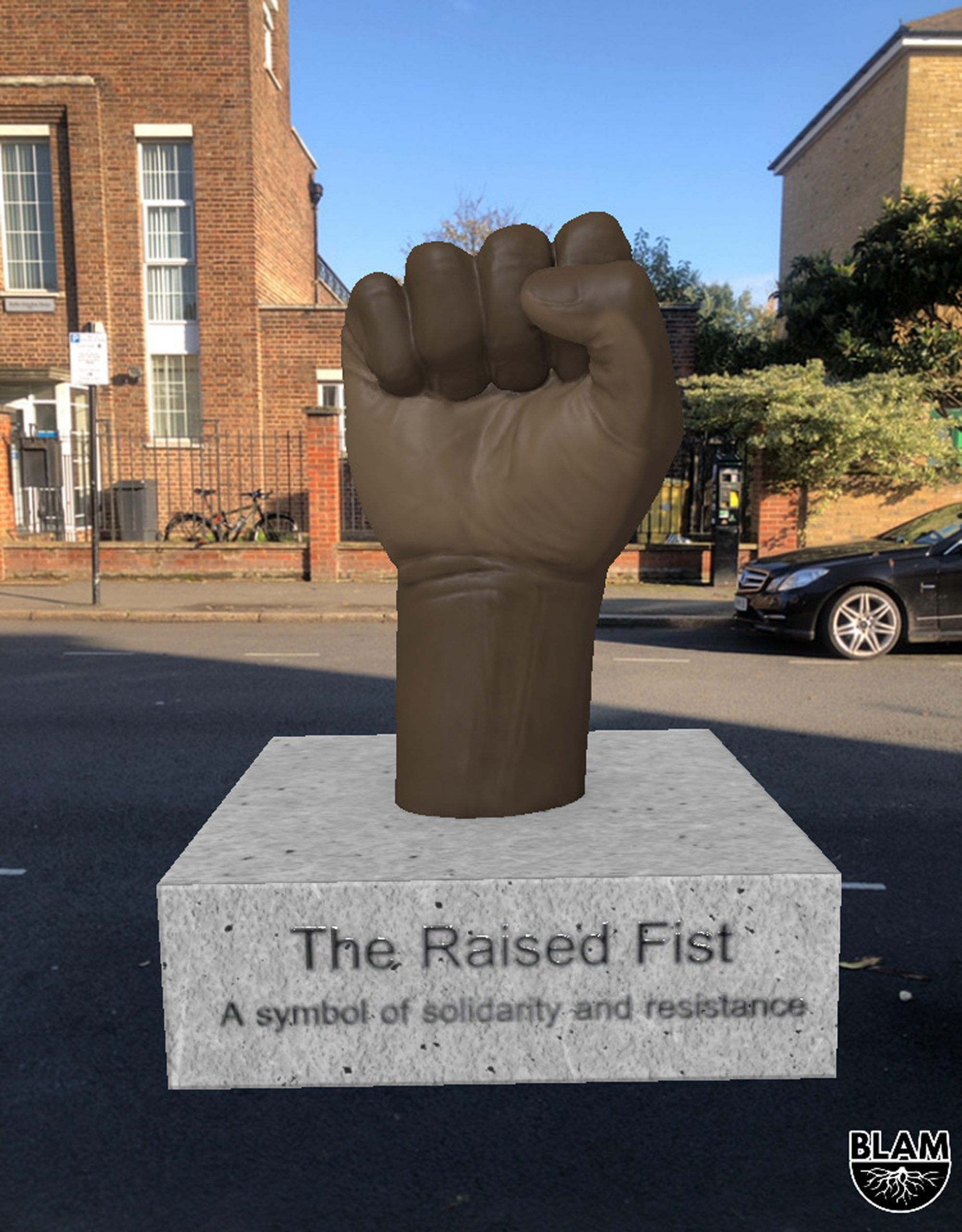 A raised black first AR statue commemorating the Bristol Bus Boycott from the BLAM Black history app