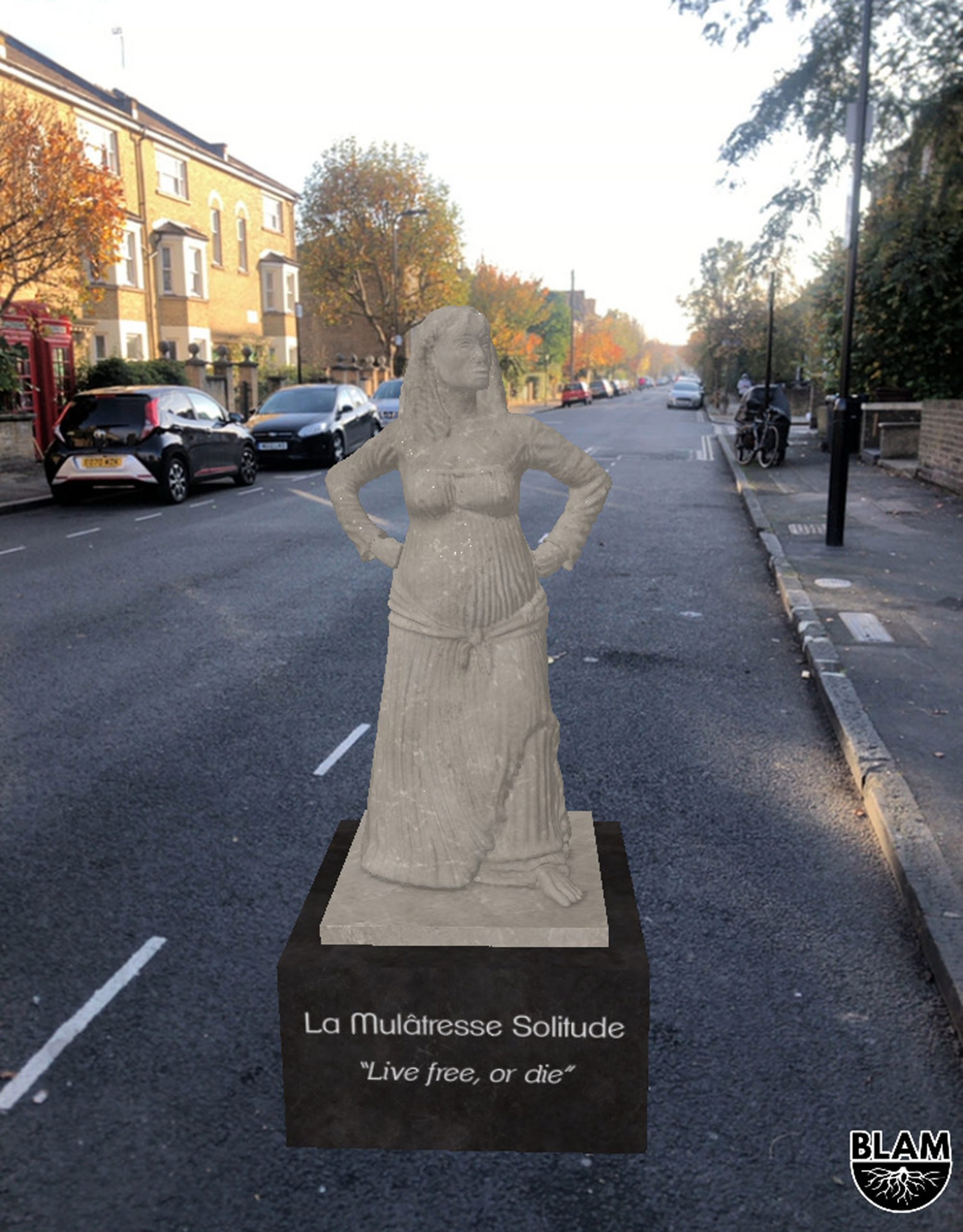 An AR statue of La Mulâtresse Solitude from the BLAM Black history app