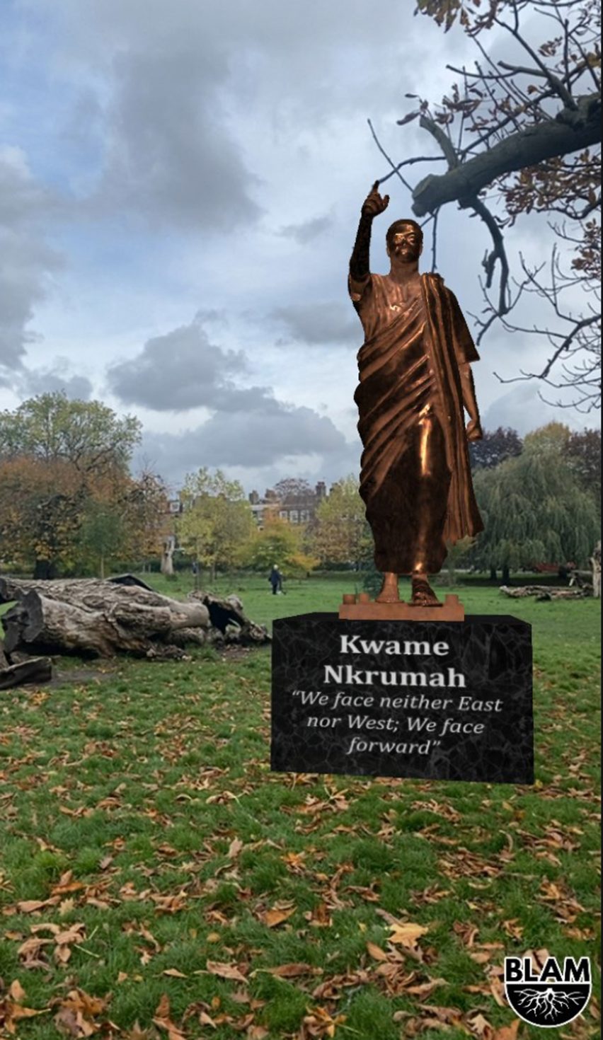 Une statue AR de Kwame Nkrumah de l'application BLAM Black History