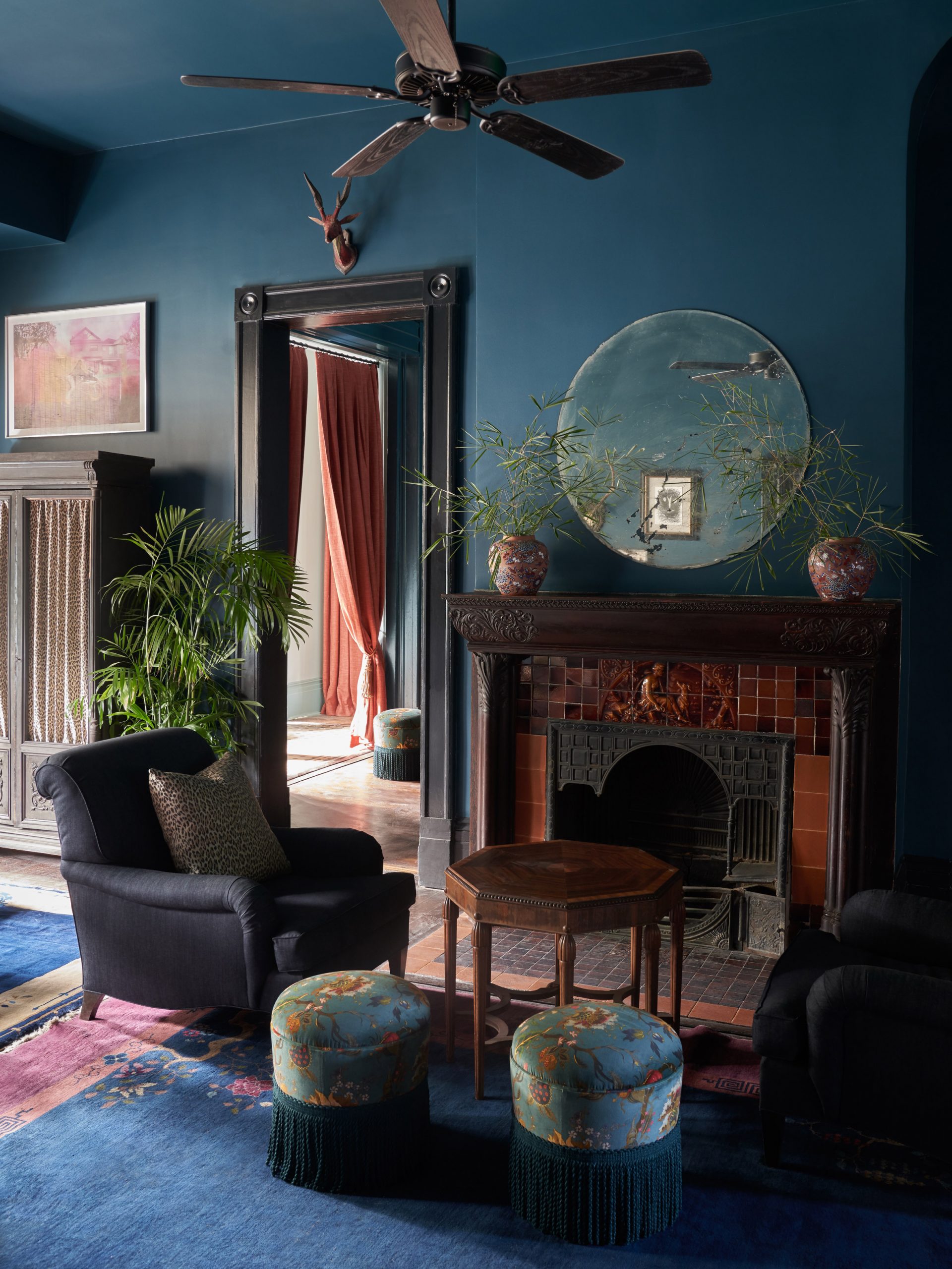 Jewel toned sitting room in The Chloe hotel in New Orleans