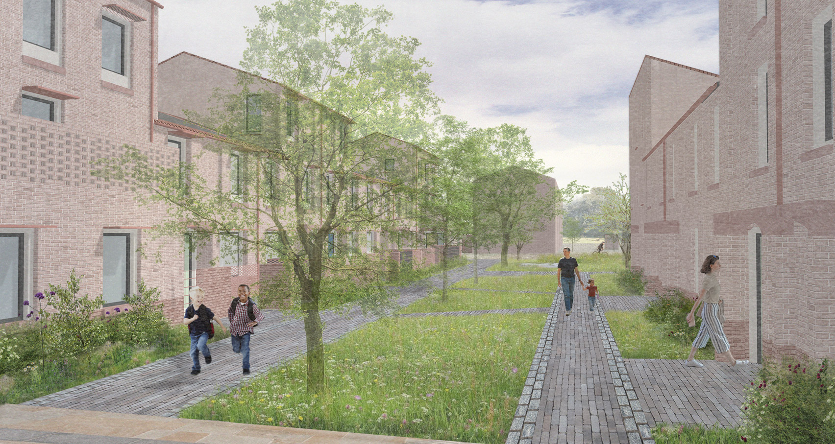 A visual of shared green space between housing in Mikhail Riches' Housing Delivery Programme for the City of York