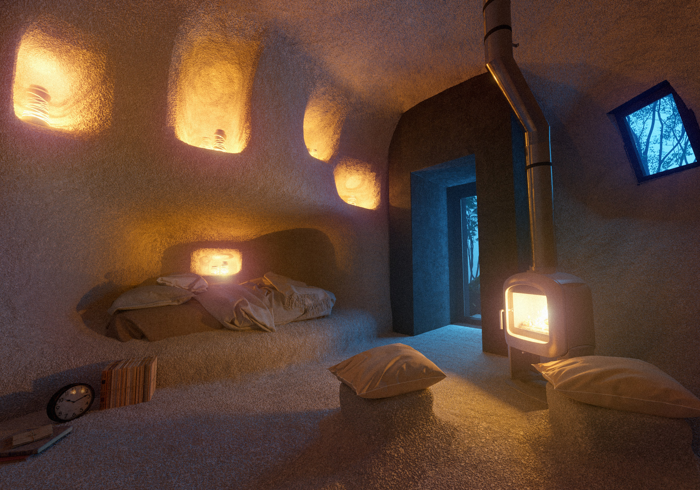 Interior renderings of Dolmen Shelter, a fictional hotel with stone-shaped rooms