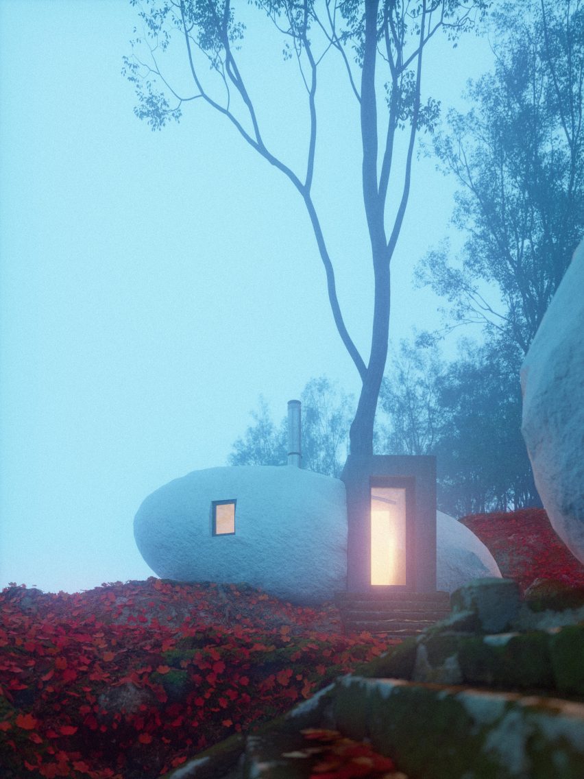 Renderings of Dolmen Shelter, a fictional hotel with stone-shaped rooms