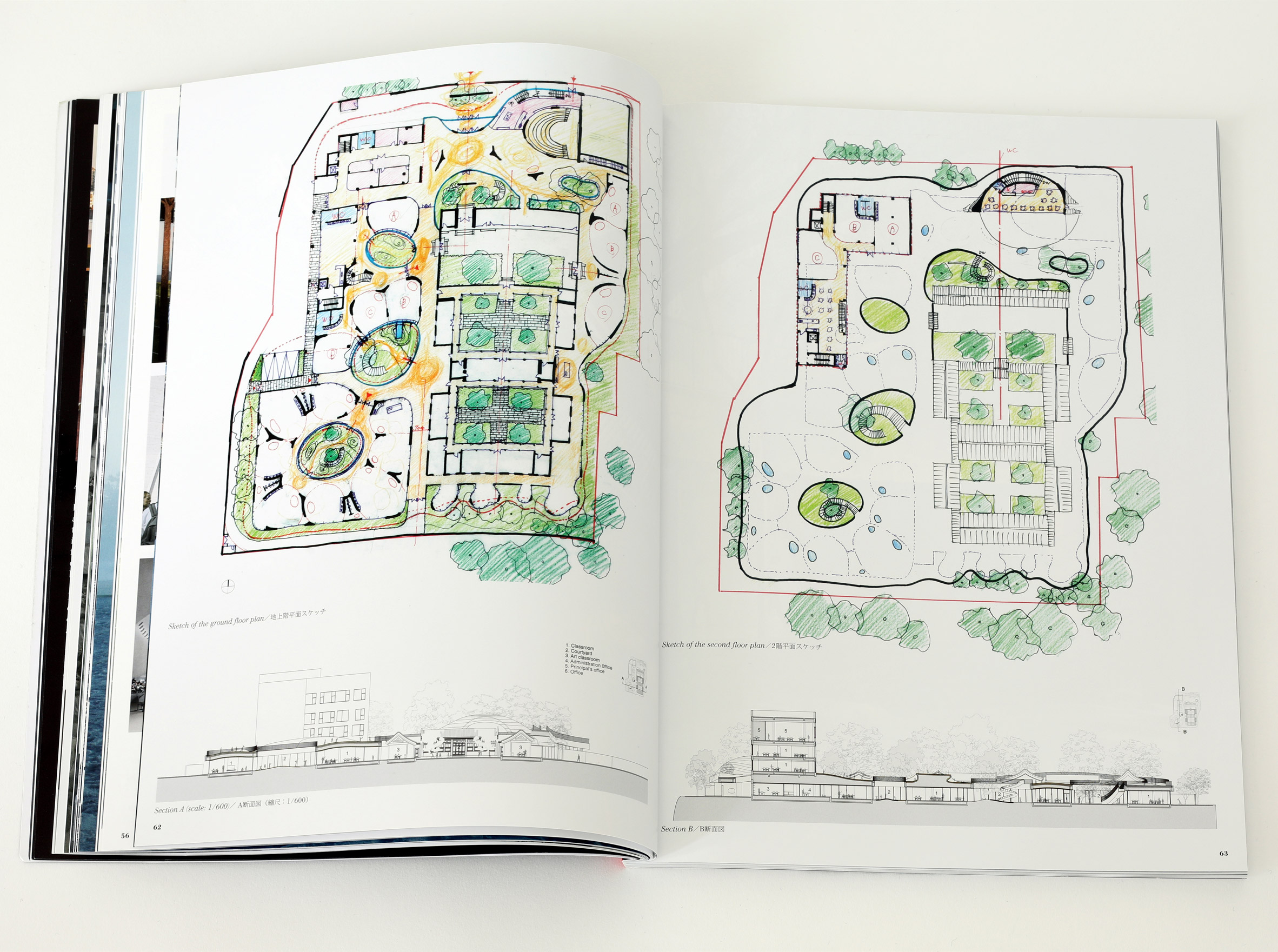 Spread from Dreamscape by a+u: Architecture and Urbanism magazine about Courtyard Kindergarten