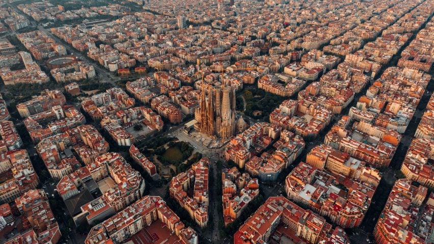 Aerial view of Barcelona's grid-like Eixample district