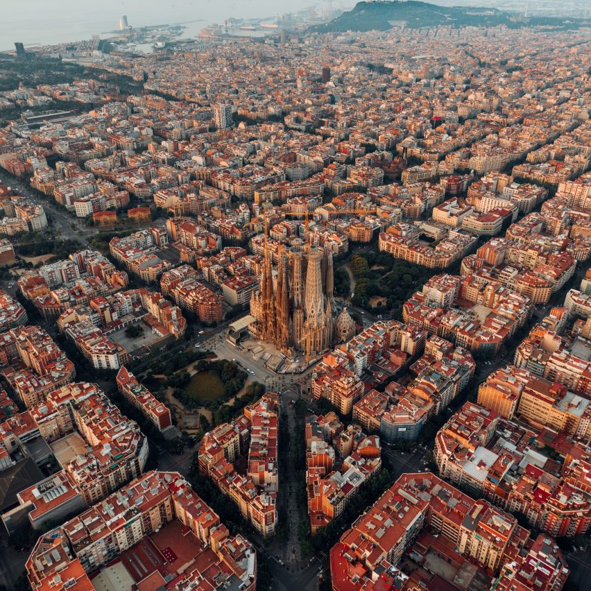 Aerial view of Barcelona's grid-like Eixample district