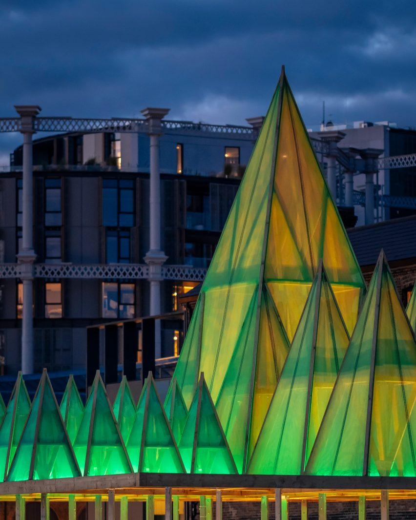 Close up of the Electric Nemeton Christmas installation by Sam Jacob Studio in King's Cross, London, at night