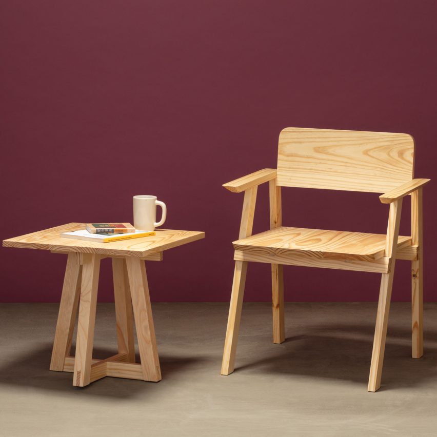 Side table and dining chair with armrests from Jorge Diego Etienne's Tempo collection for Techo