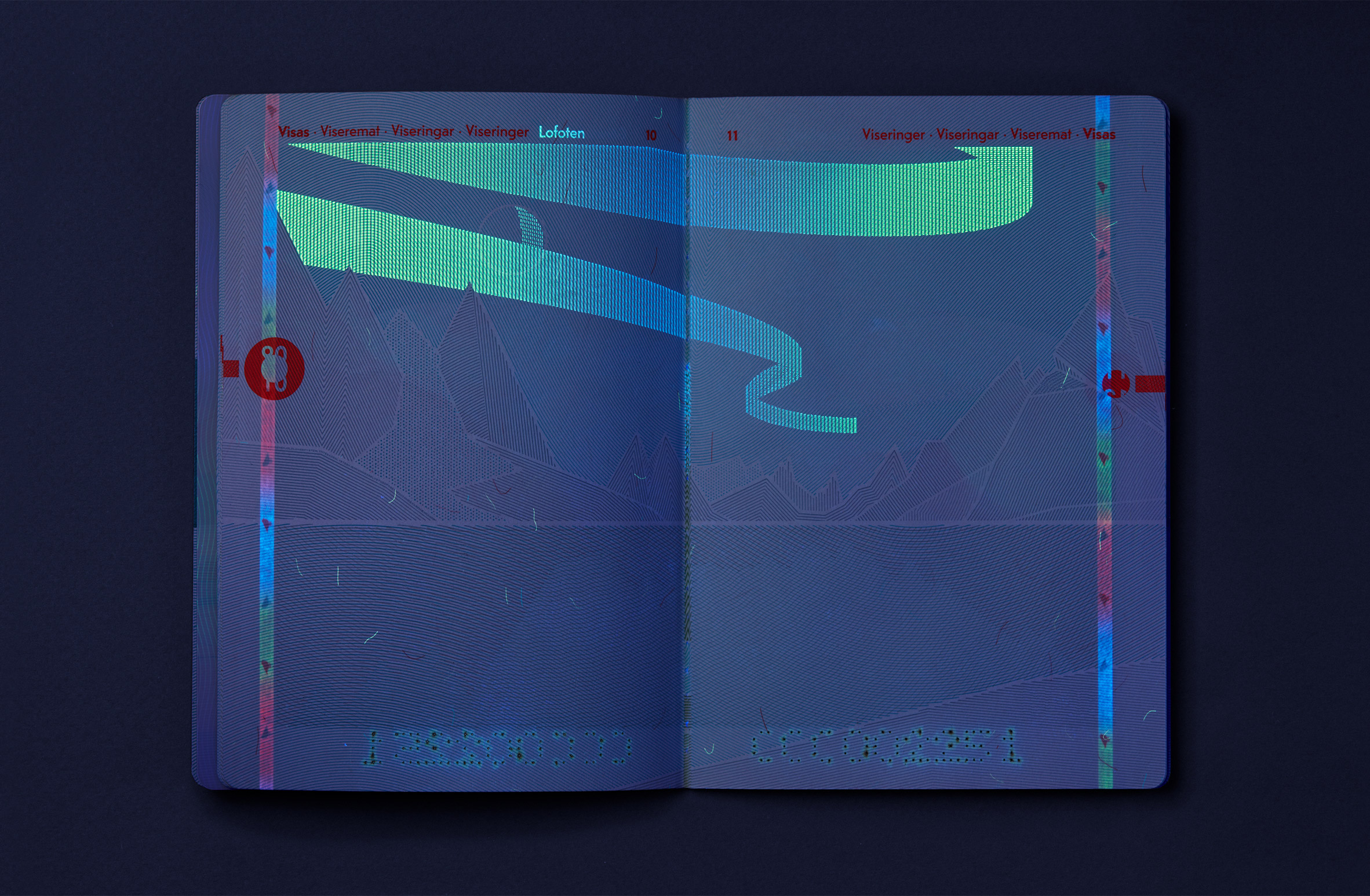 A double-page spread of the passport under UV light