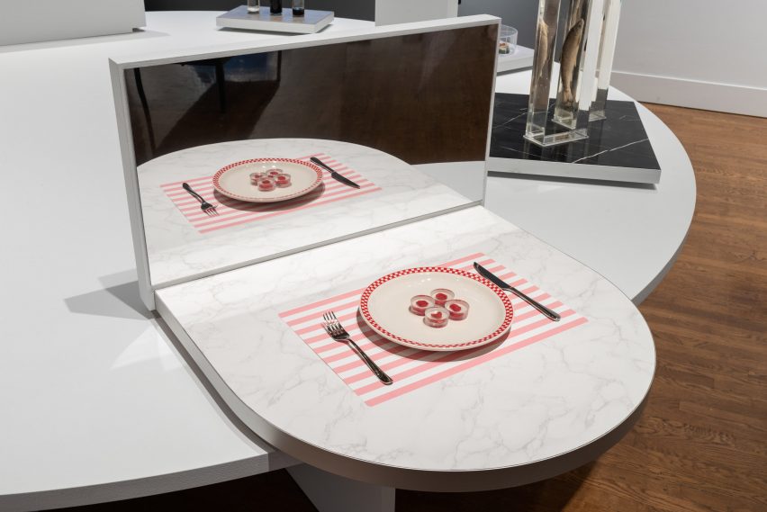 The steak grown from human cells by Andrew Pelling, Orkan Telhan and Grace Knight on display as part of Unlikely Futures at the Philadelphia Museum of Art