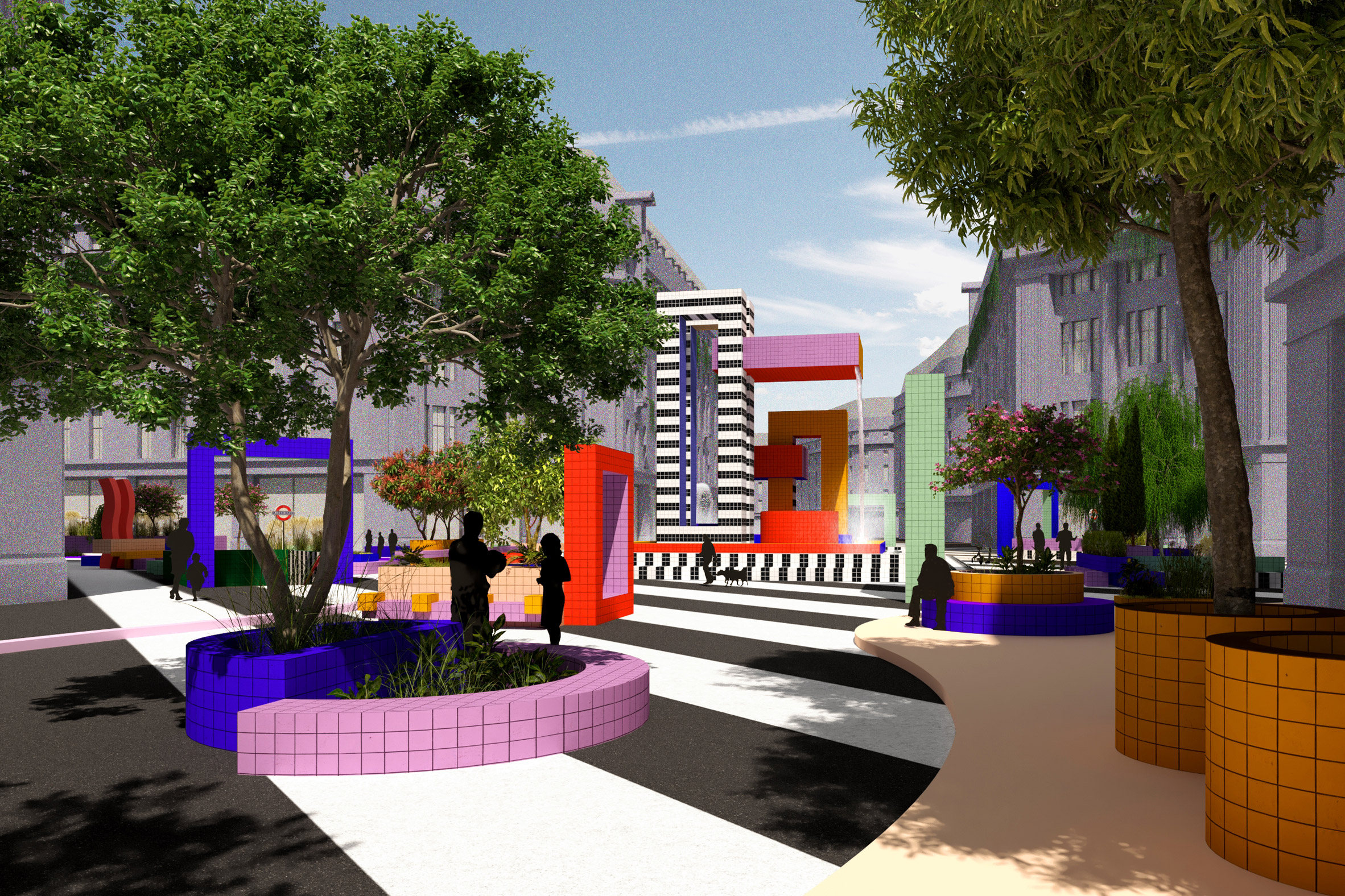 Planters and a fountain in Camille Walala's proposal for a pedestrianised Oxford Street, London